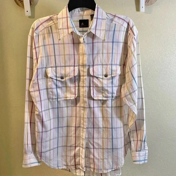 LizWear Sz M Off White Colorful Windowpane Plaid Button Shirt Top 100% Cotton - Picture 1 of 7